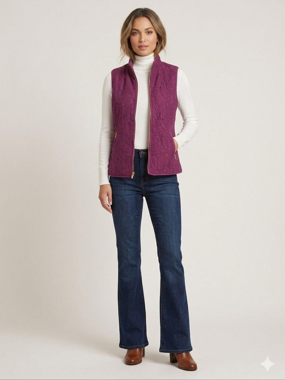 crown & ivy Magenta Lace-Overlay  Vest with Gold Zippers